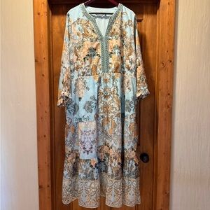 Soft Surroundings Light Blue Floral Maxi Dress with Gold Print